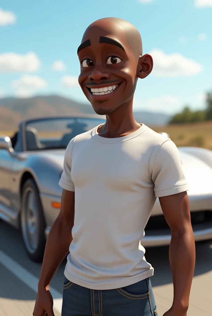 Tyrese Gibson* (the fast and the furious)
- "A dark-skinned 3D male character with a shaved head, modeling in Disney-Pixar style, with an amused expression, wearing a white t-shirt and jeans. Ao fundo, a silver Mitsubishi Eclipse Spyder car speeding down a highway."