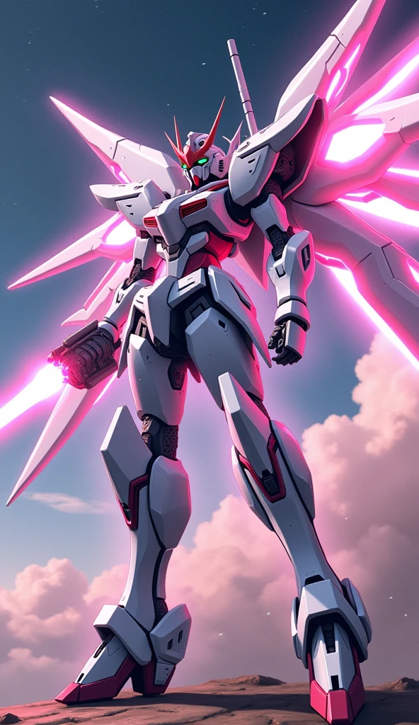 anime, Giant Robot, Uplifting,Junmin, A full-body image of a white and pink female super robot fighting with lasers coming out of its hands　Simple Background,universe, 