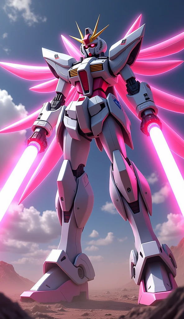 anime, Giant Robot, Uplifting,Junmin, A full-body image of a white and pink female super robot fighting with lasers coming out of its hands Simple Background,universe,