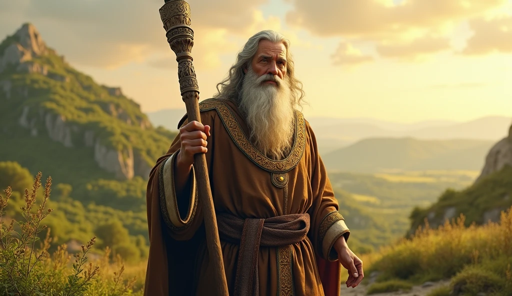 prophet man with a very big beard, and with a staff in hand on a beautiful sunny day