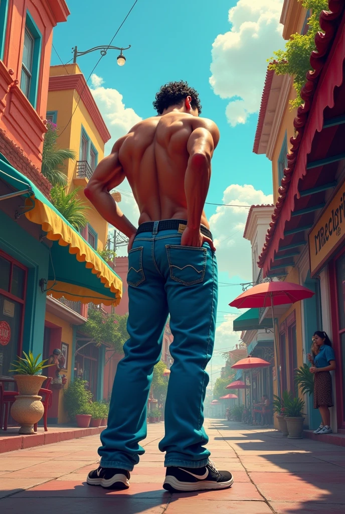 Man with his back turned fully clothed, with skater shoes and blue pants in a Latin city, putting his hand in his pants scratching his butt, full body man with auras of funky newyork jazz eminem 