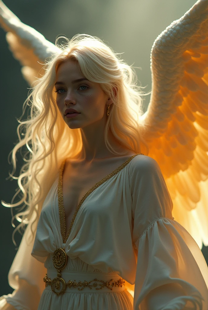 Please create an angel with full-body androgynous features and barefoot bathed in a twilight and eerie light.. Your eyes should be black and have a melancholic look.. Your hair must be blond, wavy and behave like a flickering flame. The appearance of the angel can manifest itself in the best way to fit the context of the image.. Their clothes must be white and gold with details that refer to the Greek zodiac.. Your artistic skills are crucial to bringing this splendid angelic vision to life.