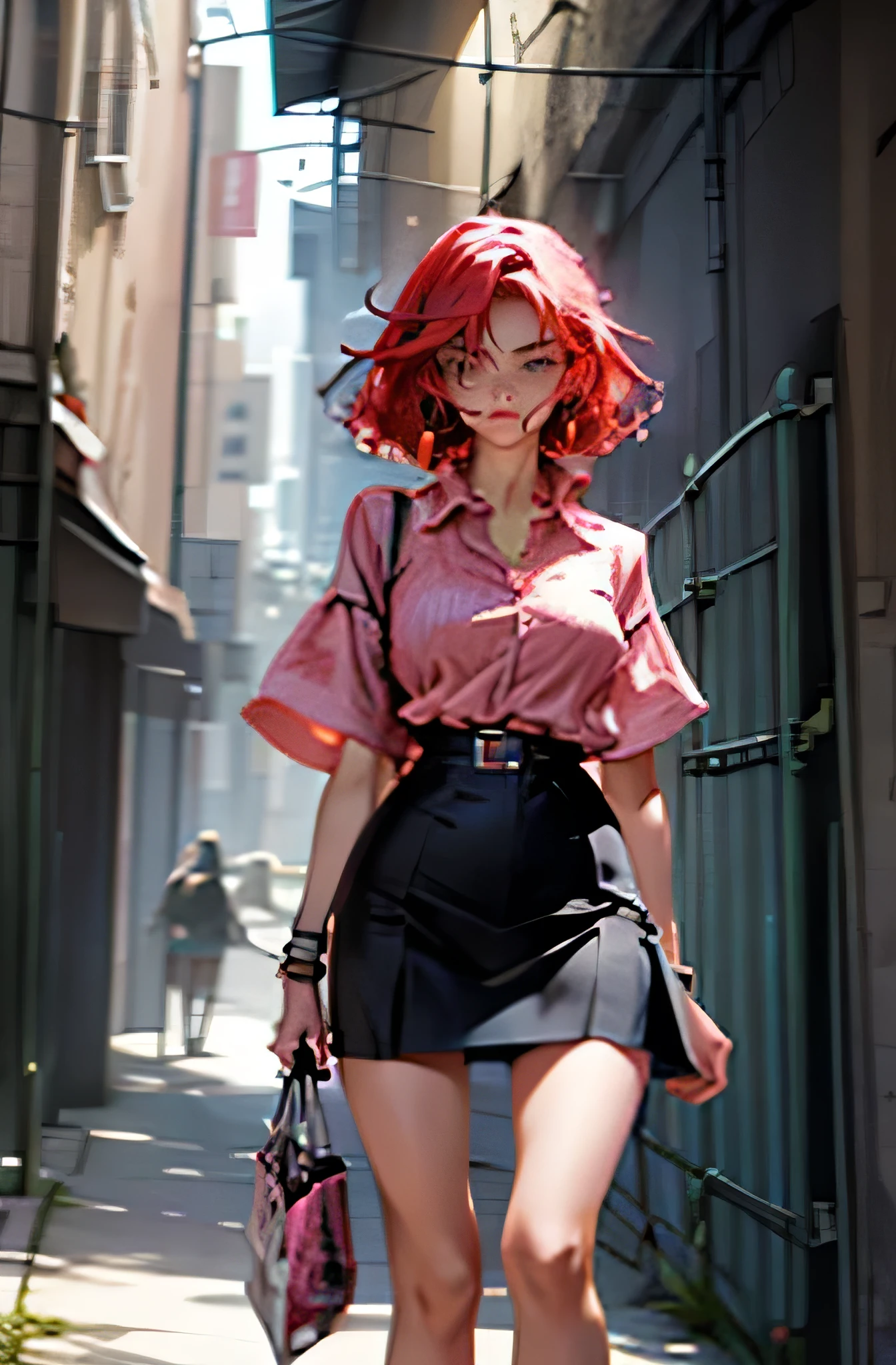 NFSW,{{{{Giganteess}}}}, {{{{a human student}}}}, {{with a confused and frightened expression}}, with a pink shirt, with a heart in his chest, Red hair, pink eyes, Waist slender, wide hip, {{{tall as a building}}}& and a black skirt and sandals, and it is in the city center,