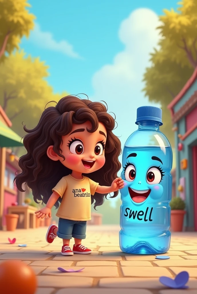 a white child, with dark brown eyes and long brown curly hair,with a shirt :“ANA BEATRIZ” playing with a smiling water bottle written on it: “SWELL”, I WANT IT IN CARTOON