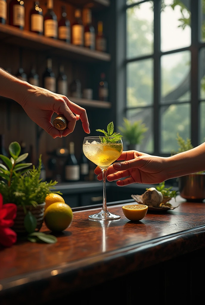 Authentic BAR,( The bartender&#39;s right thumb was amputated at the second knuckle.), Steampunk，1800&#39;with Mojito, Spectacular landscapes, , Extremely precise movements, A sublime and delicate work, Cocktail,  masterpiece, 8k, high quality, Hands are a key element in the scene, The hands are very realistic and sharp，I don't draw my face，Wine Bottle Background、Dark interior、There are herbs, lemons and limes on the counter、Red flower、Hold a muddler in your hand，The hand holding the glass is held delicately at the bottom、The glass is a Collins glass.、