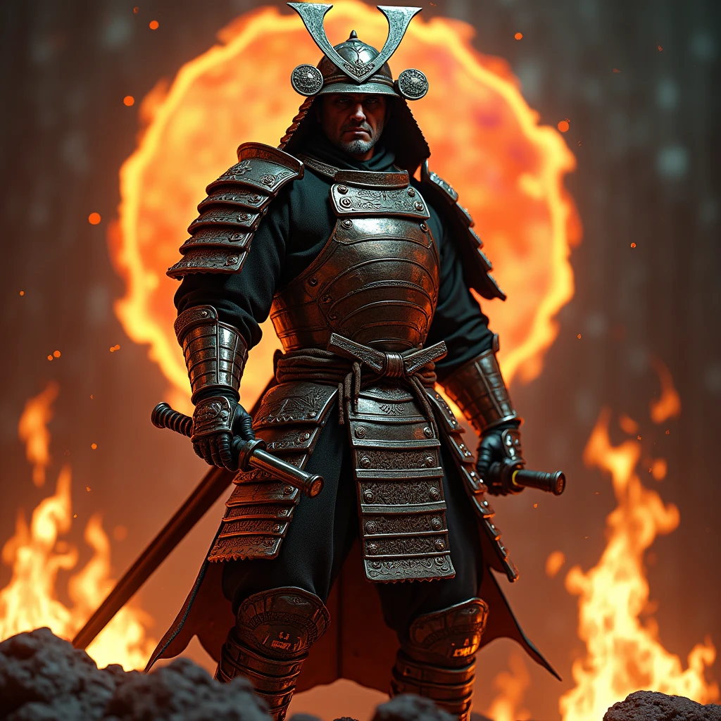 Pour créer l'image réaliste comme une photographie, imaginez un guerrier farouche, vêtu d'une armure de samouraï brillante, qui capte la lumière d'une manière captivante. Il tient un katana japonai. Autour de lui, des flammes tourbillonnent qui accentuent sa présence unique et intimidante. L'arrière-plan contient son nom " ARMADA ", qui est inscrit en lettres gothiques, ajoutant une touche mystérieuse à l'ensemble de l'image. Cette composition évoque à la fois la force et la singularité de ce personnage fascinant.