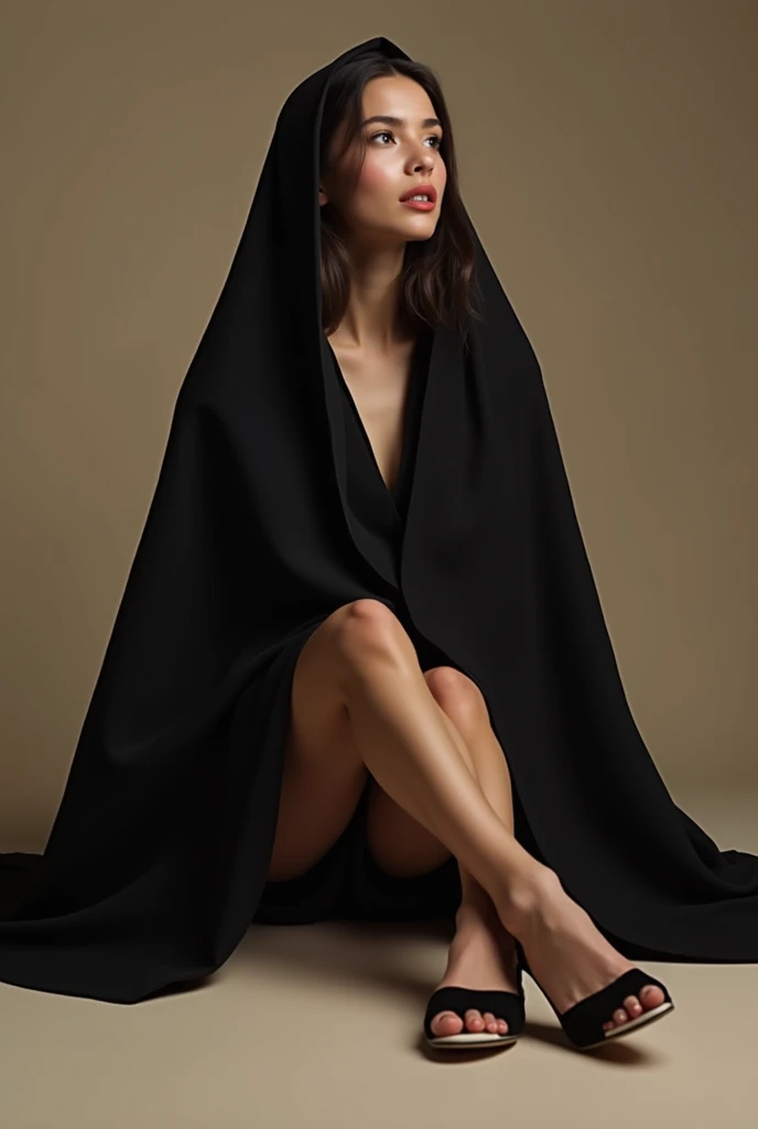 A girl wearing an abaya and her legs are open sexy and sitting on the floor and her high heels are open and her chest