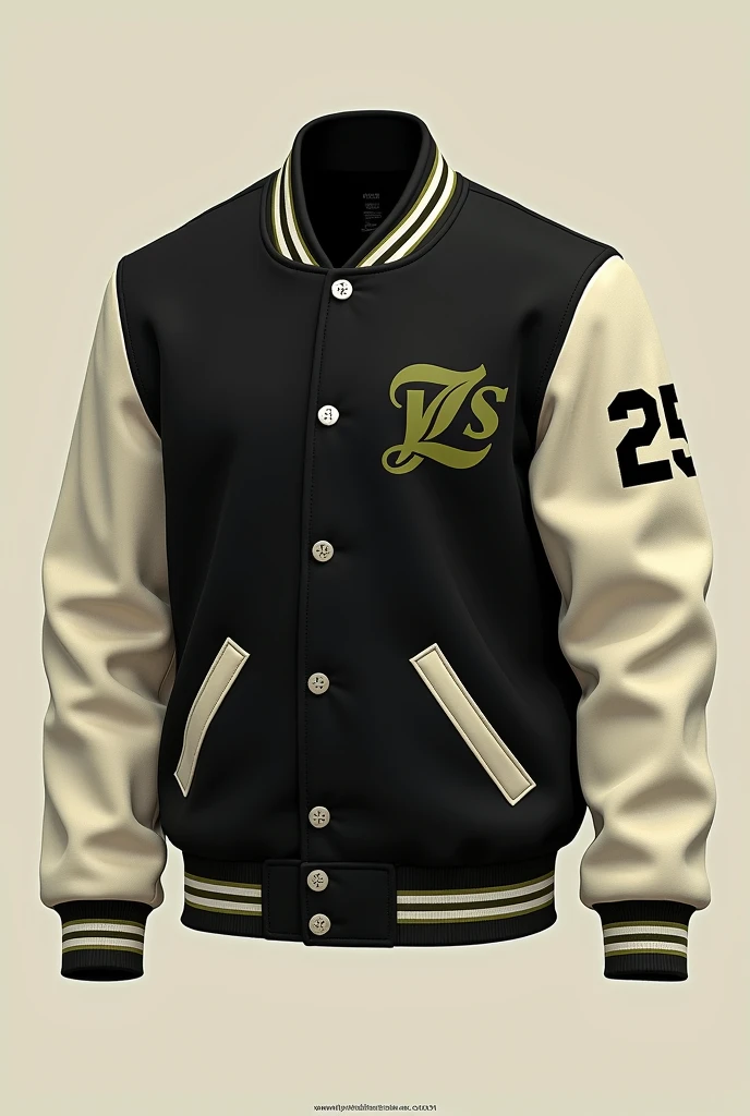 Varsity jacket with black colors and very small touches in olive green for a school with the number 25 on the left arm and cream-colored sleeves