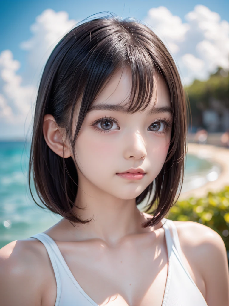 ((Detailed and realistic faces)), (), 1 person, girl, (Baby Face:1. thin body:1.4), (Small breasts), Cliff background, (nude:1.1), Short back hair, short hair, (Brown Hair), (smile), ((No makeup)), stand