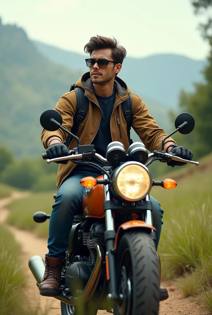 The 20 year's young guy with best outfit cool nature sitting in a bike hand gloves googles and 1 more thing the place alone