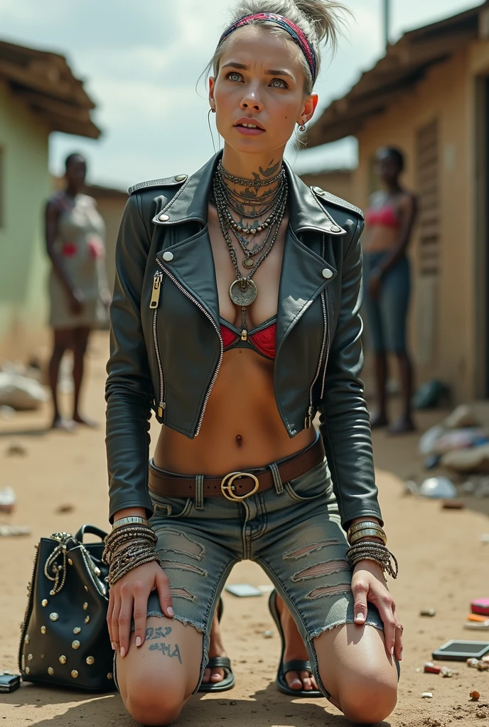 russian milf woman, grey hair (high pouf, top bun, shaved sides), colourful bandana as headband, with very light blue eyes, extremely pale skin. All neck tattooed.Wearing cropped aged black moto jacket with lots of zippers and pins, flipped up collar. skinny dark low rise blue jeans. Black and red tight push up bra, Dirty White tennis sneakers. Chain around hips like belts. Dirty knees, dirty feet and muddy hands. Wide studded belt. Squatting on a puddle with hands on her hips, looking up, chin up, stretching her neck , humble facial expression. Black nail polish. studded black leather tote bag with chain on the floor, next to her.. Listening looking up in amazement to somebody speaking to her from the sky, upper teeth visible. Well toned abdominals, thin neck, slim legs and thin arms. Narrow hips Cleavage, stomach, neck, tigh and hands completely covered with tattoos. Dirt street in Kenyan village full of waste. Lots of silver bracelets, silver pendants and collars around all the beck. A lot of tanned fat women in traditional dresses around looking at her. next to her, all her belongings scattered on the floor: tobacco packs, makeup kit, little makeup mirror, studded black leather tote bag, lipstick, wallet, moble etc on the floor, point of view; from above