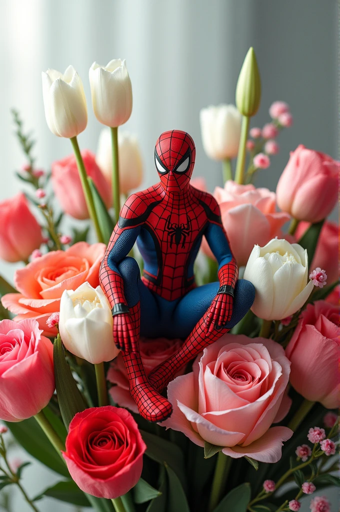 White tulips, roses and reds, Spider man