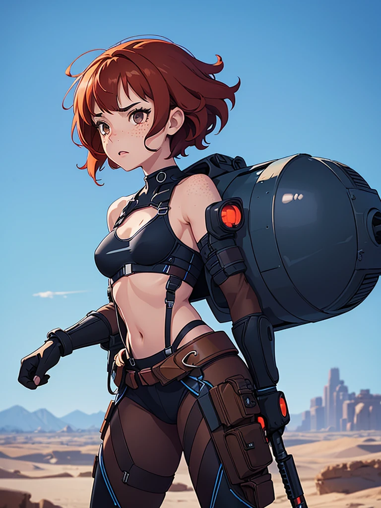 (masterpiece), (best quality), ((one girl)),alone, red hair,((brown eyes)),short curly hair, anime style, freckles, (small breast) (petite figure), blue and black cyberpunk outfit, battle outfit((desert background))