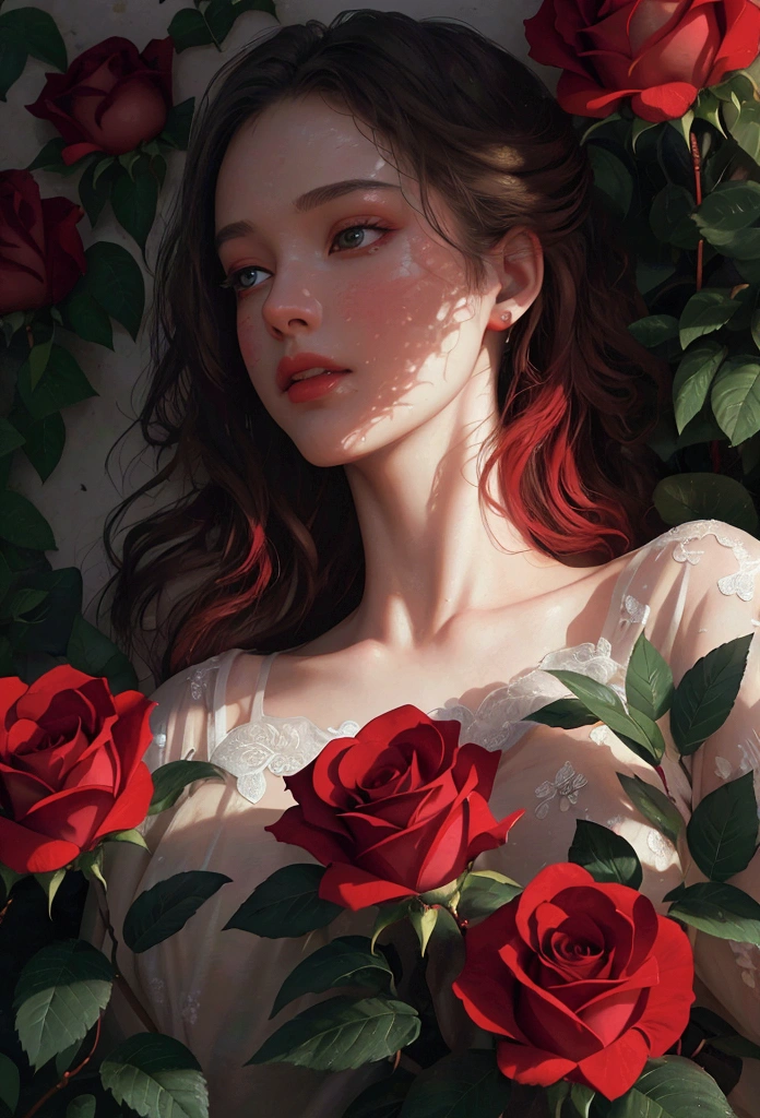 A detailed red rose with dewy petals, lush green leaves, exquisite natural textures, masterpiece, ultra-detailed, photorealistic, 8k, studio lighting, vivid colors, dynamic composition, close-up view, natural lighting, dramatic shadows, ambient occlusion, cinematic mood, ethereal, romantic, oil painting, digital art