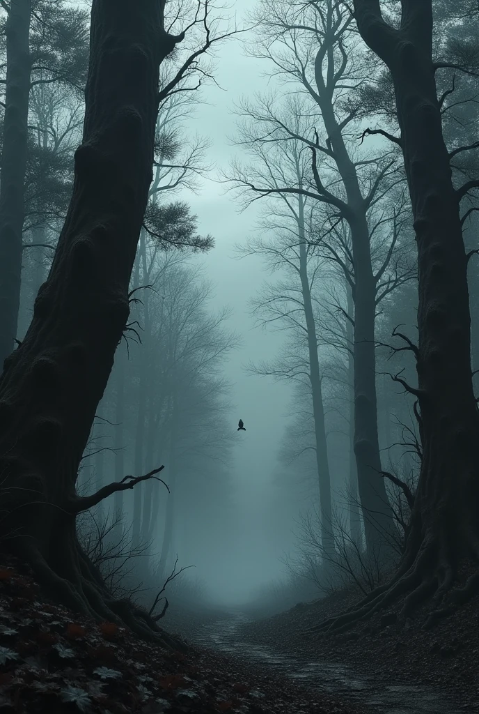 A spooky forest, full of pines and grayscale