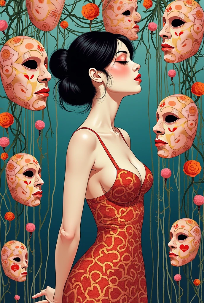 Expressionist artwork images of multiple floating ceramic heads, 3d collage style, make it weird and gallery worthy, ((japanese woman)), portrait, absurdres,highres,ultra detailed,ultra-detailed background,detailed background,extremly detailed,1girl,bunch of flowers,(zentangle:1.2),(geometric:1.2) multi-colored color palette, monochromatic, big , cleavage, sideboob, lingerie, realistic depiction, arms behind back, kaleidoscopic, multidimensional, ethereal glow, captivating uniqueness, surreal juxtapositions, visual symphony, unforgettable visual narrative, edgy, mathematical, simple-shaped vectors, highly modern, stylistic, polygonal abstraction, vector art, bold lines, minimalist color scheme, digital art, abstract geometry