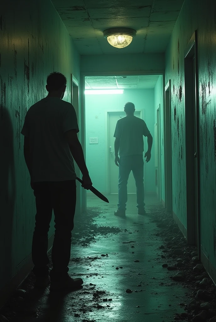 Abandoned hospital, man with a knife in his hand finds a zombie in front of him as he leaves the supply room 