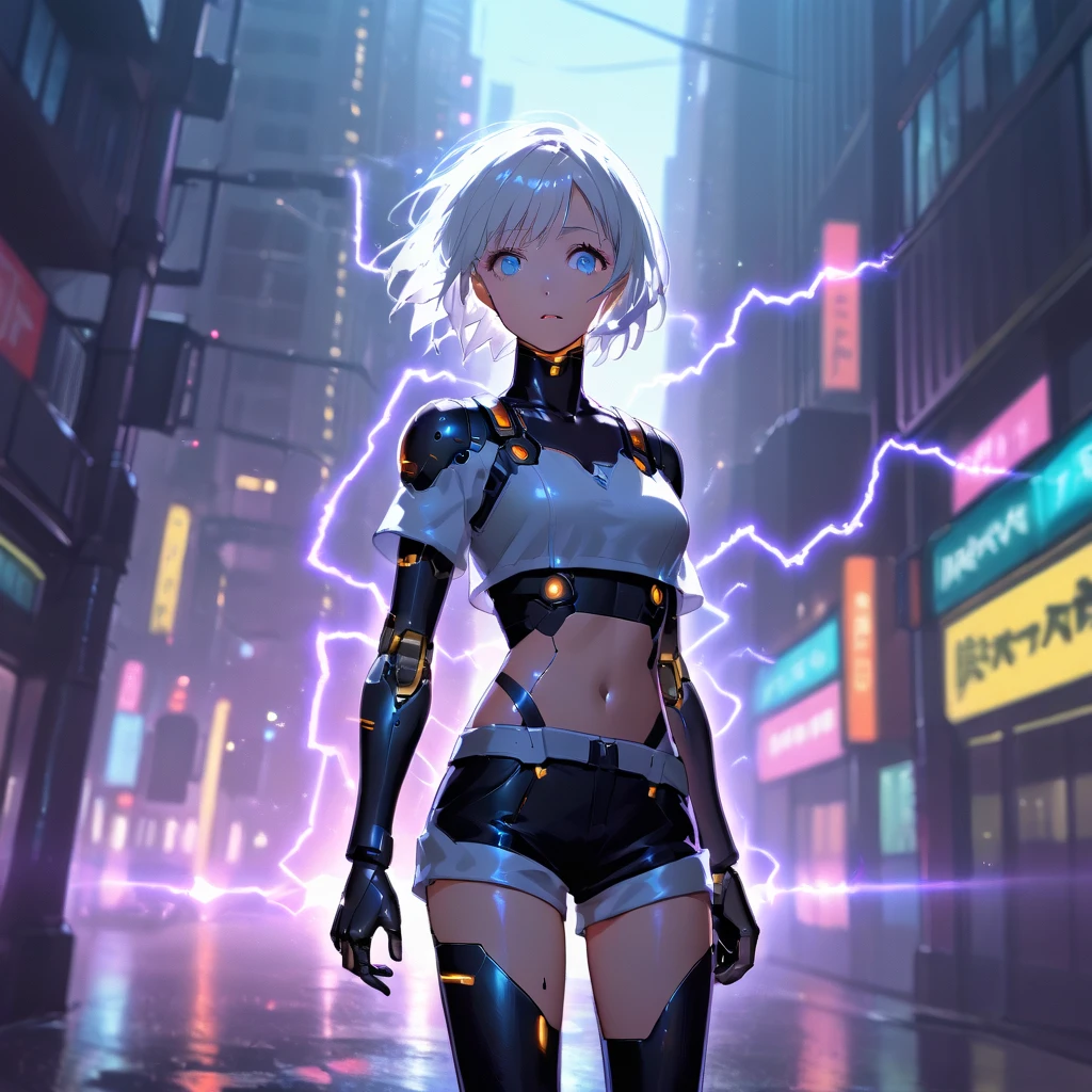 anime girl, pretty, short hair, white hair, crop top, short shorts, futuristic girl, city background with electricity rays