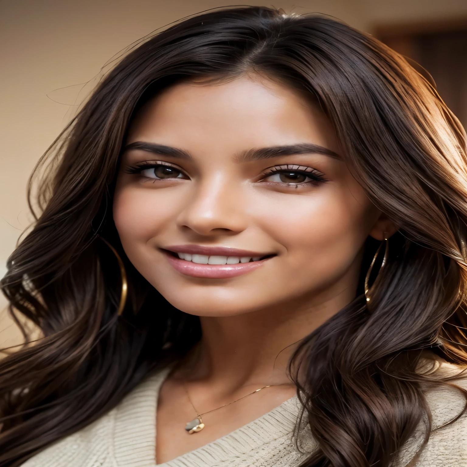 A close-up of a woman with long hair and a sweater, Beautiful latin face, perfect olive skin, olivia blame, Portrait Sophie Mudd, beautiful face and perfect skin, beautiful attractive face, Isabela Moner, Beautiful Mexican woman, extremely beautiful face, Photo of a beautiful woman, beautiful and attractive face, Stunning closeup, indian girl with brown skin