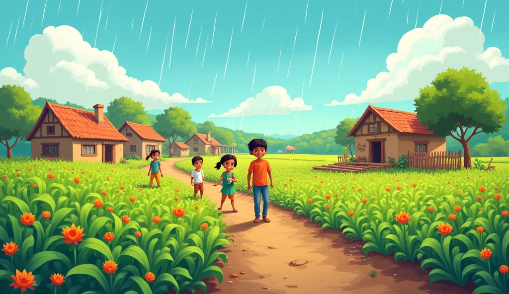A miracle happened in Sarovarpur. The rains started, and gradually the drought ended. Crops started growing in the fields and the condition of the village started improving. People became happy and started moving forward with their lives with a new hope.cartoon image