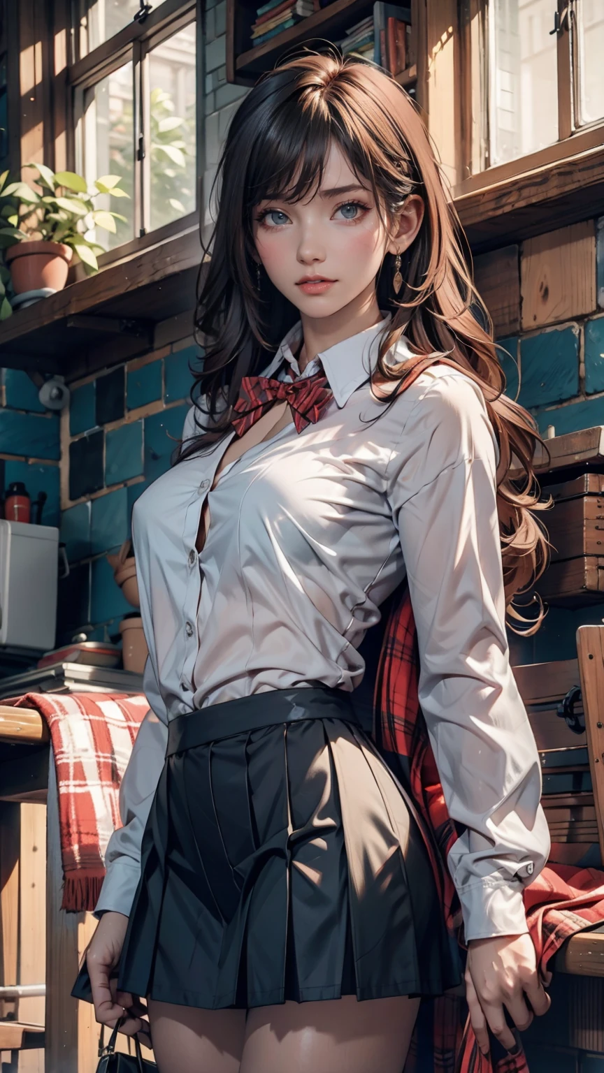 ((最high quality, 8K, masterpiece: 1.3, Ultra HD, high quality, 最high quality, High resolution, realism)) 、22 year old Caucasian female、The hair  is reddish、My hair is wavy、Eye color: green、Long Hair、Tie your hair back、thin、smile、clear figures、I&#39;Wearing stiletto heels、smile、Wear accessories on your wrist、胸の谷間がappearハイネックのニットドレスを着ている、The background is blurred、Leaning on the parapet of London Bridge、にはBig Benがある((Big Ben))((elizabeth tower))appear