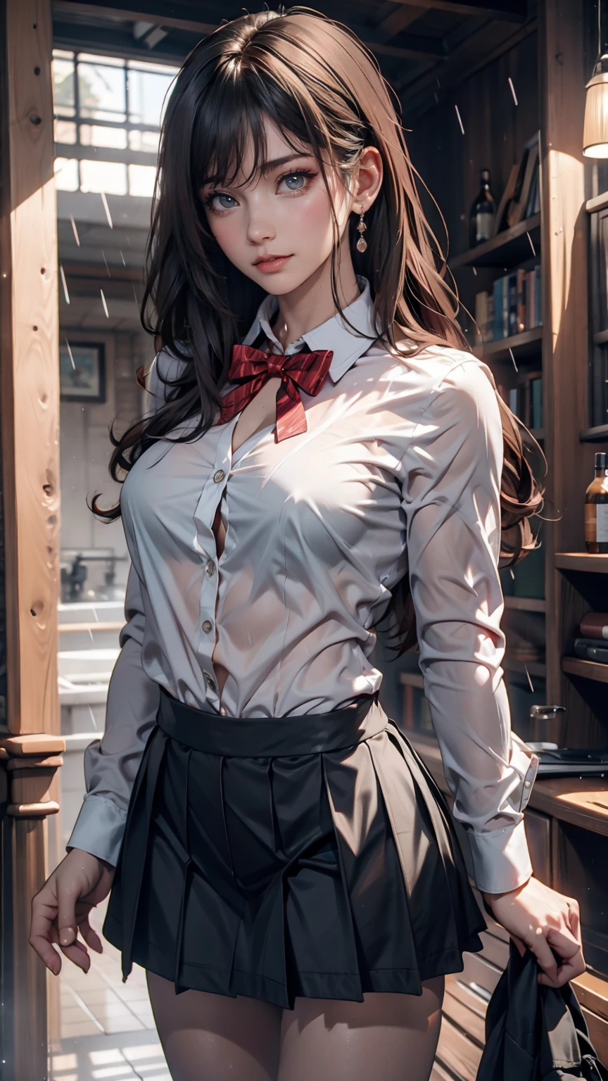 Highest quality, High resolution, Absurd, Very detailed, Suzuya_(Kantai Collection), One person, length_hair, skirt, alone, shirt, rain, Wet_Clothes, hair_ornament, Wet, chest, underwear, Pleats_skirt, See through, bowtie, red_bow