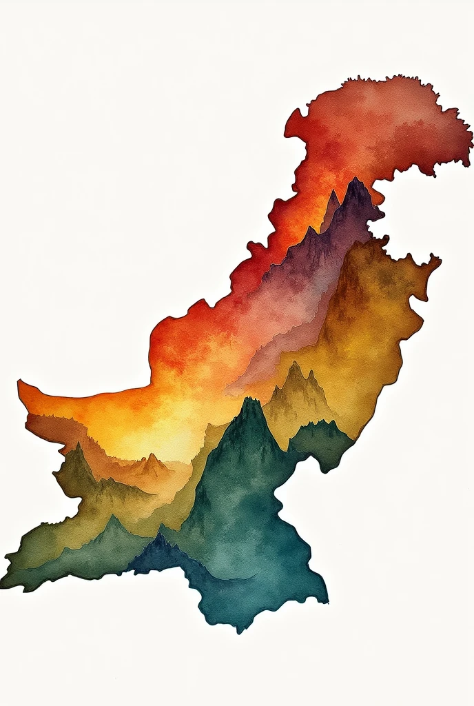 Draw the Pakistan county map with very beautiful colours showing the it's borders with china Afghanistan india and Iran also show the each province of Pakistan with all districts and also show the lakes and rivers using water color( with names) and also show the mountain ranges of Pakistan.
