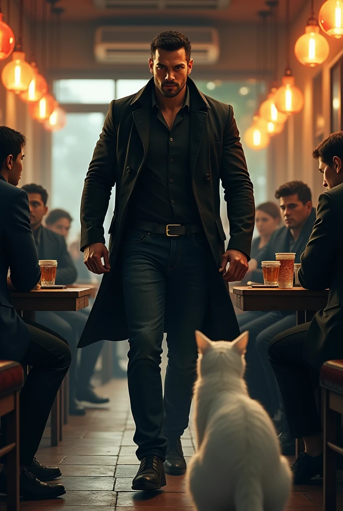The muscular he wearing blackcot and jeanswhite cat, still sitting calmly in his place, watches the thugs. There's a sharp glint in his eyes. Without any fear, he stands up and slowly walks toward the thugs. Everyone in the restaurant is amazed by his courage.