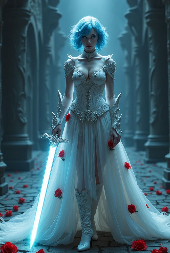 Arafed, action shot, Dark fantasy art, fantasy art, goth art, a picture of a female vampire, exquisite beauty, full body shot, dark glamour shot, white skin, blue hair, short hair, wavy hair, dynamic eyes color eyes, (glowing eyes: 1.3), busty, (vampire famgs: 1.5) she wears a ((white: 1.3)) white suit of armored dress, cleavage, she holds a (glowing sword: 1.4) in hand, (ready for battle: 1.4) , (red roses: 1.3) are imprinted on the suit, high heeled boots, sense of dread, sense of dredd, fantasy dark castle background, vibrant, Ultra-high resolution, High Contrast, (masterpiece:1.5), highest quality, Best aesthetics), best details, best quality, highres, 16k, (ultra detailed: 1.5), masterpiece, best quality, (extremely detailed) RAW, (ultra details, Masterpiece, best quality), Hyperrealism style,