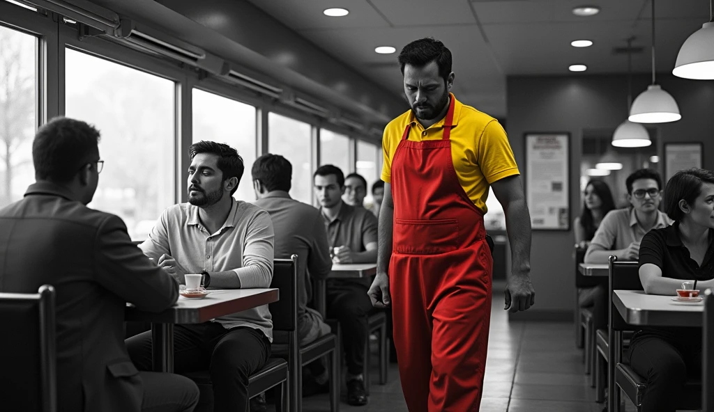 A distorted dramatic scene of an exhausted diner waiter, tired of working in this underemployment, customers sitting down calling the attendant, the whole scene is black and white and the attendant is wearing colorful yellow and red clothes.