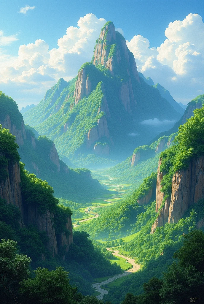 A majestic and elegant green mountain landscape painting