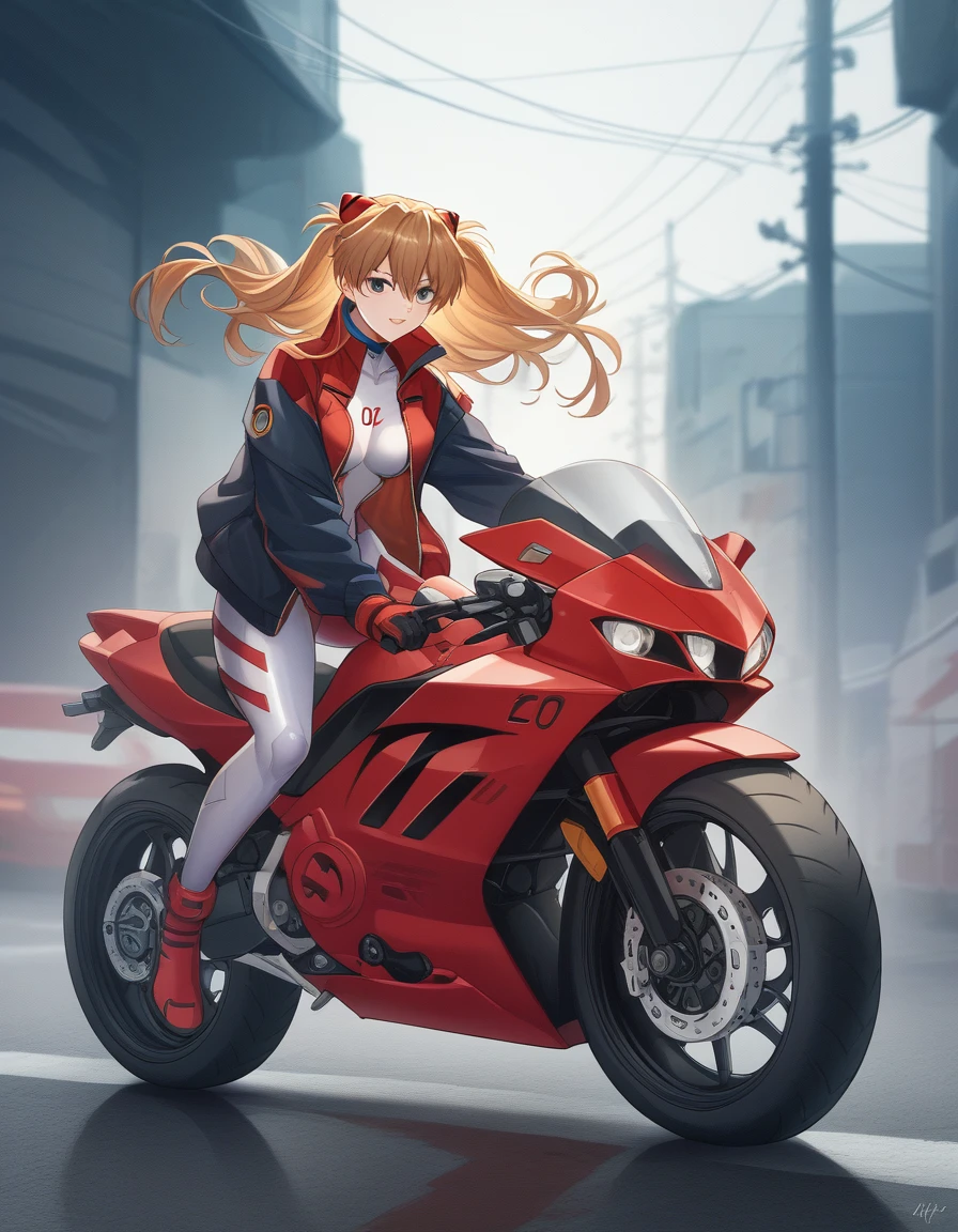 Shikinami Asuka Langley, masterpiece、highest quality、detailed description、Plug Suit、Translucent costume, Jacket, Woman riding a bigmotorbike（rider、Gold and red two-tone hairstyle、Detailed Description、Perfect Face、Armed、）、red motorbike（red、bike、two-wheeled vehicle、big、Mechanic Design）