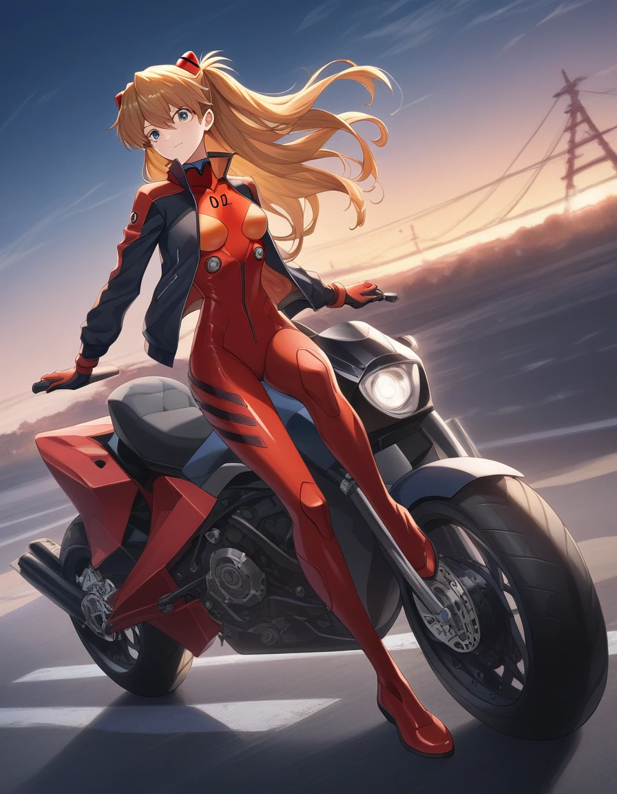 Shikinami Asuka Langley, masterpiece、highest quality、detailed description、Plug Suit、Translucent costume, Jacket, Woman riding a bigmotorbike（rider、Gold and red two-tone hairstyle、Detailed Description、Perfect Face、Armed、）、red motorbike（red、bike、two-wheeled vehicle、big、Mechanic Design）