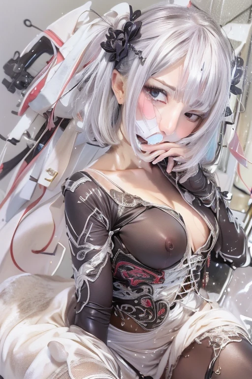 ((Highest quality)), ((masterpiece)), (detailed), A large amount:1.2),extremely detailed cute anime face, (((Flat Chest))), (Flat Chest:1.1),((((Short Bob Hair)))),Complex eyes,beautiful detailed eyes,Symmetrical eyes,(((detailed face))),beautiful detailed lips, If you look at this, (((Embarrassing))),(emotional expression),(Are crying),High resolution,(Highest quality),(ultra detailed,extremely detailed),Perfect Face details, ((masterpiece:1.4, Highest quality))+, (ultra detailed)+,, cute, (Flat Chest:1.1), Small breasts, the body is slim, (Narrow waist), prominent clavicle, arms, Flat Stomach, The bones of the pelvis are visible, Silvery white hair, Perfect Face, detailedなボディ，White camisole dress，Complete limbs, (Turning), (From the back) ，Riding a rocking horse，Sweating profusely，puddle，String panties，Spilling milk in your face，spill milk on chest，Spilling milk on your stomach，Spilling milk on your leg，Spilling milk through the mouth