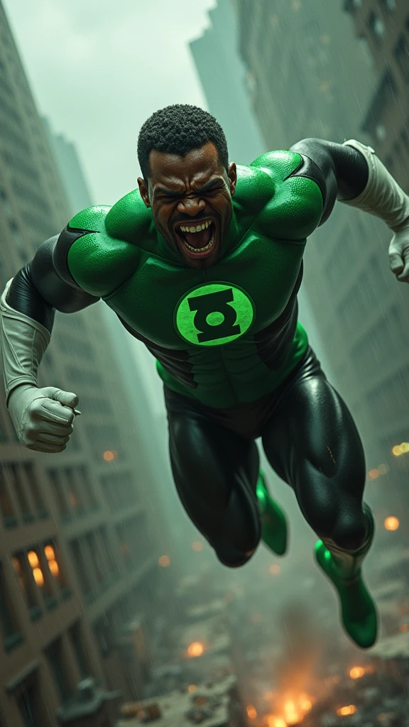 a full body black man with short hair under the cloak of green lanterns flying over a rainy apocalyptic city screaming exhausted after a battle Green suit combined with black in shiny leather boots and white leather gloves emblem of the green lanterns on his chest (((without cover)))