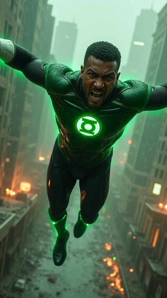 a full body black man with short hair under the cloak of green lanterns flying over a rainy apocalyptic city screaming exhausted after a battle Green suit combined with black in shiny leather boots and white leather gloves emblem of the green lanterns on his  (((without cover)))