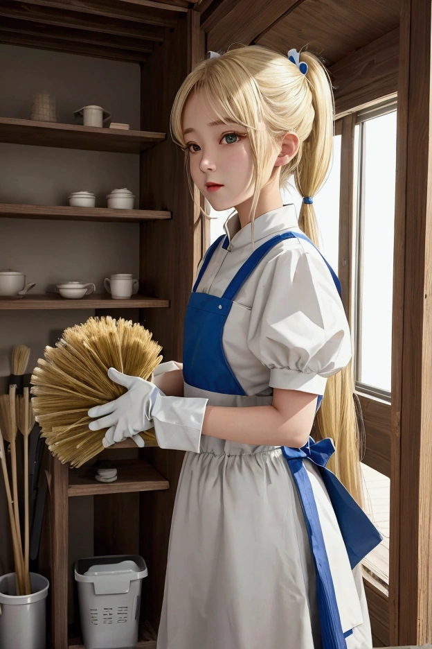 The broom is the main character、The dustpan also plays an important role。one person's、Blonde girl、Super Drill Twintail Girl、Clearing the landscape、Cleaning box