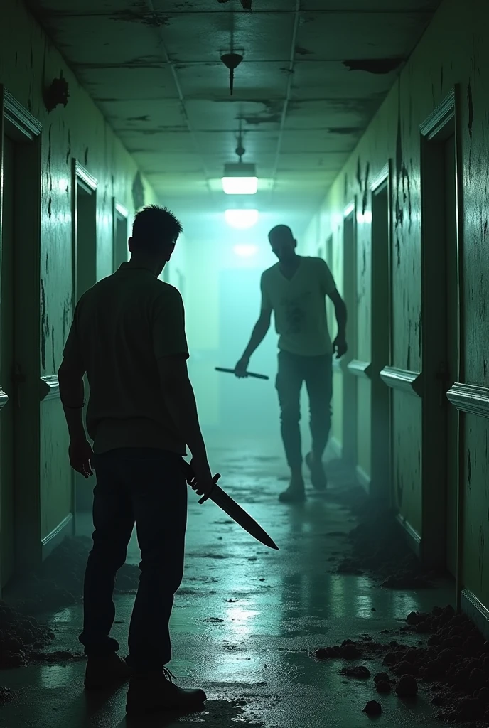 Abandoned hospital, man with a knife in his hand finds a zombie in front of him as he leaves the supply room 