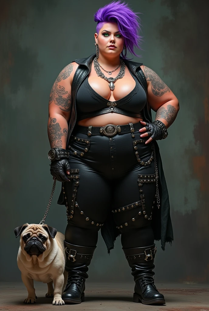White woman with green eyes and long wavy purple hair, curvy chubby rock warrior in black with her chubby floppy-eared pug