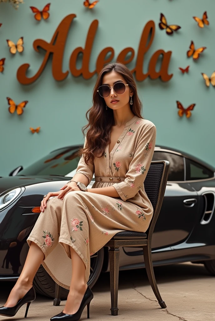 A beautiful girl looking stunning, wearing stylish sunglasses. Her light makeup enhances her natural beauty, and her loose, softly curly hair adds to her charming appearance."
A beautiful young lady with small curly hair looking so gorgeous and decent makeup and water "Aviator" sunglasses is standing next to a luxury unique car and a name "Adeela " written to vest funt on it. She's wearing a stunning - best designing awesome Shlwar Qameez light brown shaded color suit with folral designs and black heel shoes. The car is parked in a picturesque setting with colorful butterflies flying around and 'Adeela' written in bold, cursive font on the wall behind her. The scene exudes elegance and sophistication."
Let me know if you'd like me to generate an image based on this prompt!