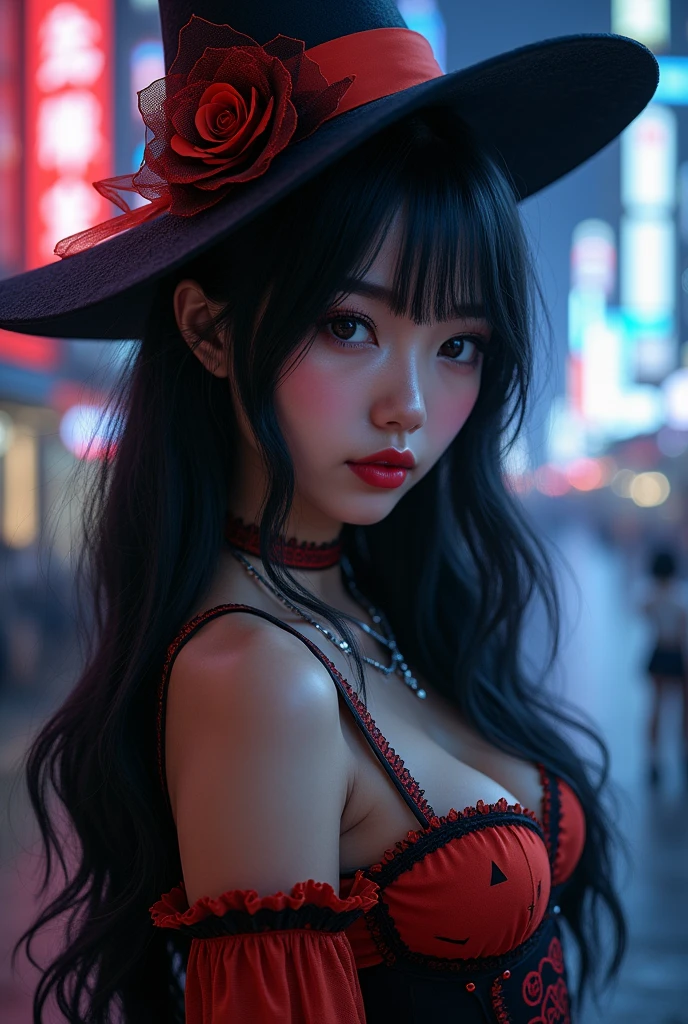 (masterpiece,best quality:1.4),(8k,raw photo,photo realistic:1.2),shiny skin,detailed skin,detailed face,detailed eyes,Detailed hands,Detailed Background、1girl,Japanese idol,(beautiful face),(Shining Eyes:1.1),、、Symmetrical eyes、、Great background、Great location、((セクシーなHalloween衣装))、(Detailed and very cute,Halloween,little teen,)、Beautiful night cityscape,,Full body portrait,,mysterious,Charming,nswf,sexy Instagram style