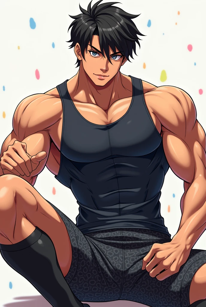 Anime handsome guy in tight sleeveless shirt and tight patterned shorts muscular sitting with hot thighs