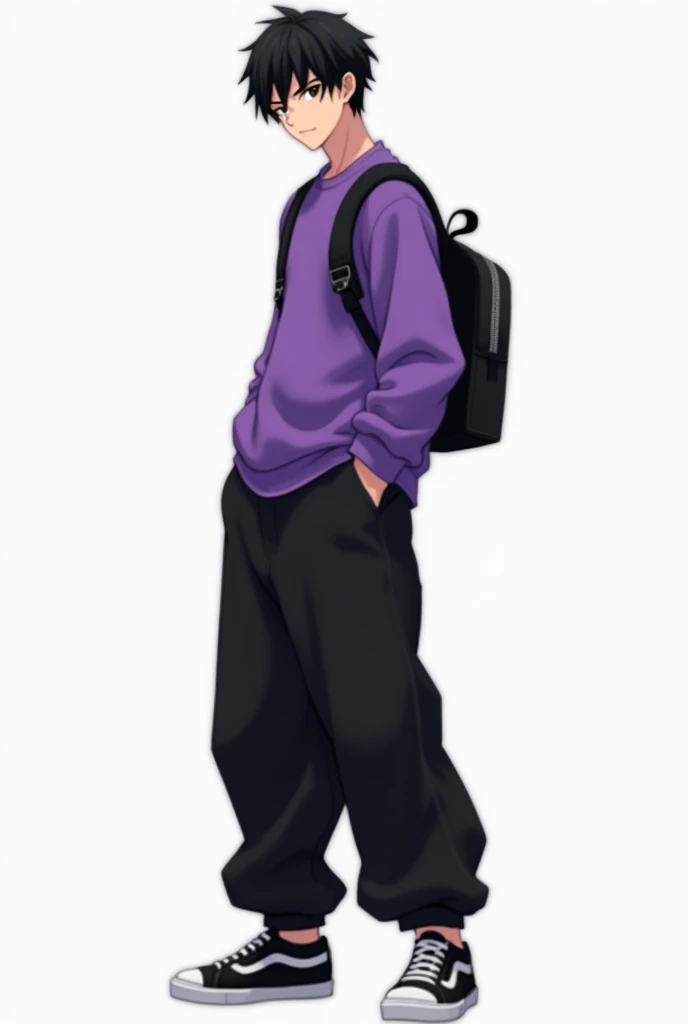 Full-body. Man with black hair, eyes black, purple sweatshirt, black oversized pants, black sneakers and a black backpack on the back. anime styling. Full-body