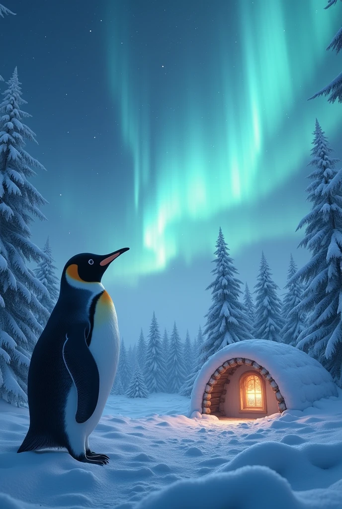 a beautiful glowing aurora, a cozy igloo, a penguin looking up at the aurora, night, a forest of frost-covered trees, (best quality,4k,8k,highres,masterpiece:1.2),ultra-detailed,(realistic,photorealistic,photo-realistic:1.37),stunning winter landscape, dramatic lighting, serene atmosphere, peaceful penguin, intricate details, soft glowing colors, magical aurora borealis, frozen wonderland, cinematic composition