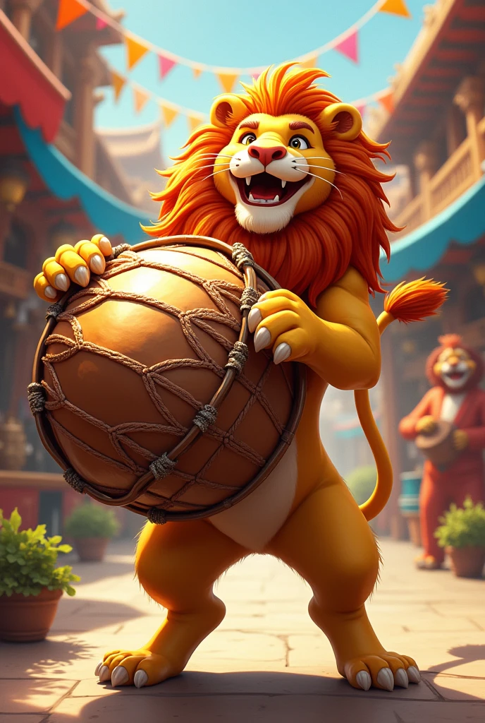 Lion with drum in dancing mood