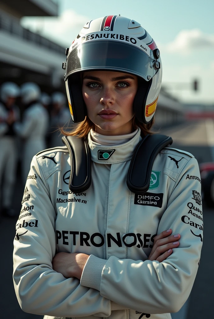 Generate Lauren Cohan woman 
as a pliot of formula 1 in the mercedes benz 