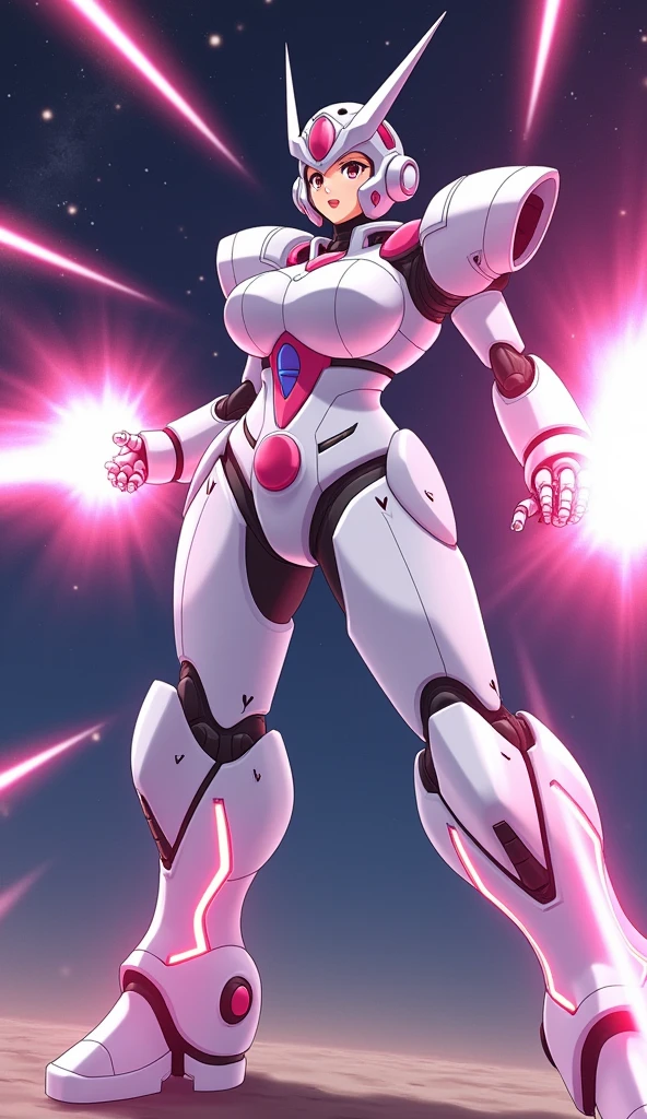 anime, Giant Robot, Uplifting,Junmin, A full-body image of a plump white and pink female super robot fighting with lasers coming out of its hands Simple Background,universe,