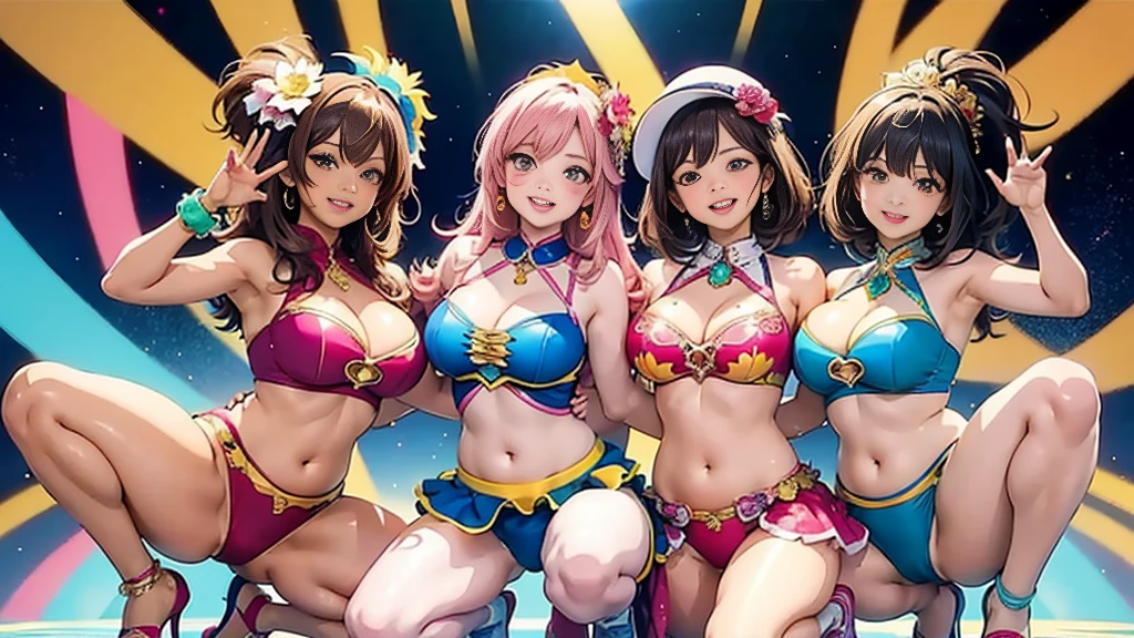 Masterpiece, super high quality anime style illustration, 8K, Samba Carnival in Rio de Janeiro. Very cute dancers 1, two cute girls, joyful smiles, squatting to rest, highly detailed faces, brown eyes, pink lips, natural makeup, flashy colorful outfits, revealing costumes, cleavage, belly button visible, attractive hips, cute ass, voluptuous thighs, beautiful legs.
