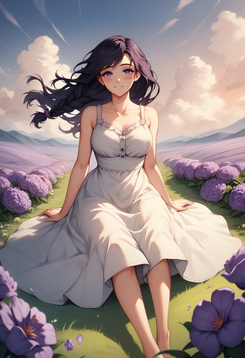 (masterpiece), 1girl, 1women, solo focused, anime style, expressive eyes, innocent smile, large purple sparking eyes, field of purples flowers, black hair, valley, purple flower in ear, smiling, slender figure, beautiful valley, wind, long black hair, violet eyes, braided hair, wind blowing, hair flying, twilight, sunset, beautiful scenery, clouds, sitting on the ground, flower fired, blushing, looking at viewer, seating next to viewer POV, holding flowers, beautiful sundress, barefoot