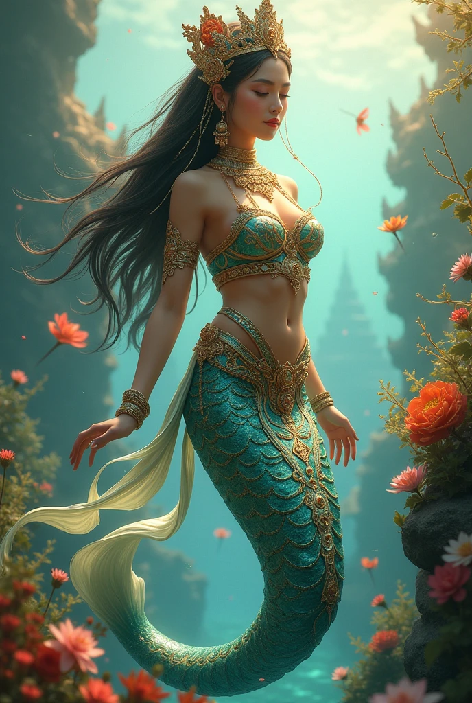 Imagine a traditional Thai mermaid, adorned with intricate and colorful traditional Thai jewelry and clothing. She has a shimmering fish tail with ornate patterns inspired by Thai art, and her long hair flows gracefully. Set against a backdrop of a serene Thai sea, with lush tropical flora and ornate temple structures visible in the distance, she embodies both the mystique and elegance of Thai folklore. Visualize her interacting with the environment around her, perhaps weaving through coral reefs or resting on a sunlit rock, and consider the cultural elements that define her appearance and presence.